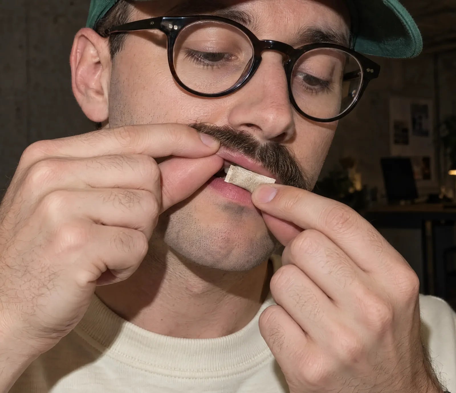 Een man met een ronde bril legt een WAVE-pouch onder zijn lip