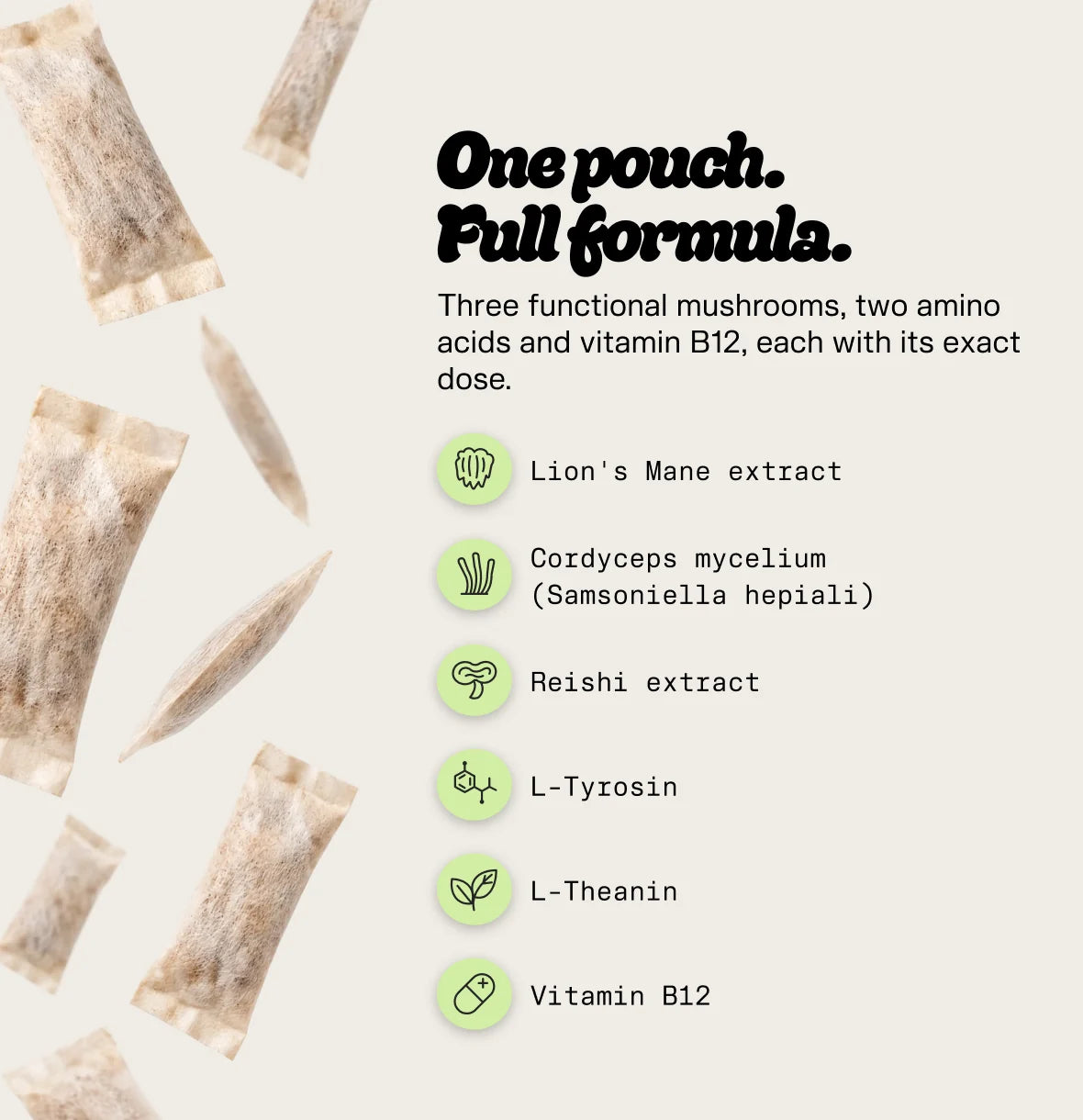Eén pouch, de volledige formule: Lion’s Mane, Cordyceps, Reishi, L-tyrosine, L-theanine, vitamine B12