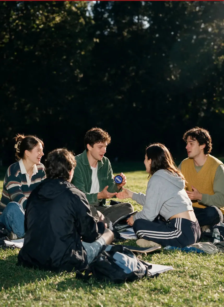 Vrienden die in een park in het gras zitten en een blikje WAVE doorgeven